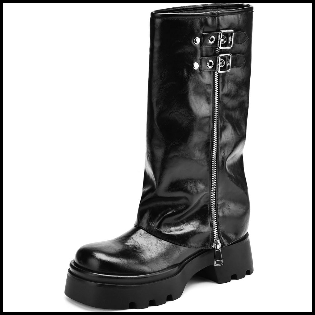 Knee High Moto Boots Chunky Platform Slouchy Fold Over Wide Calf Riding Style